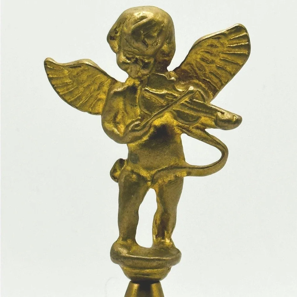 Vintage‎ Brass Cherub Angel Bell Violin Player Hand Bell Cupid Figurine Decor